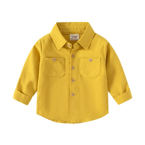 Splozh Little Boys Button Down Shirt Kids Cotton Boys Button Down T Shirts Infant Baby Solid Color Long Sleeve Comfy Tops Tees Clothes Yellow,4-5 Years