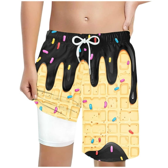 Splozh Little Boys Swim Trunks with Boxer Mesh Liner Swim Shorts Kids Quick Dry Bathing Suit Swimwear,Black 6-7 Years