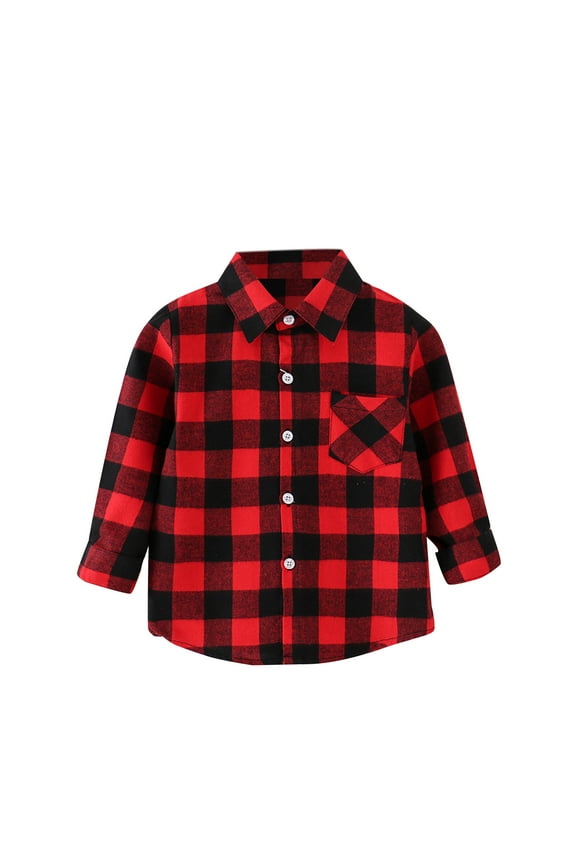 Little Girl Button Down Shirt Baby Boy Flannel Shirt Toddler Plaid Printed Tshirt Baby Long Sleeve Button Down Jacket Coat Infant T Shirts for Boys Red,12-18 Months