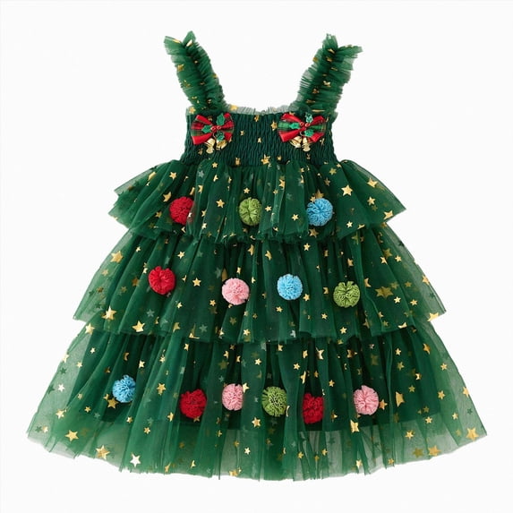 Splozh Little Girl Fall Dresses Fashion Toddler Baby Girls Christmas Cute Pom Pom Tree Tutu Dress,Green,4-5 Years