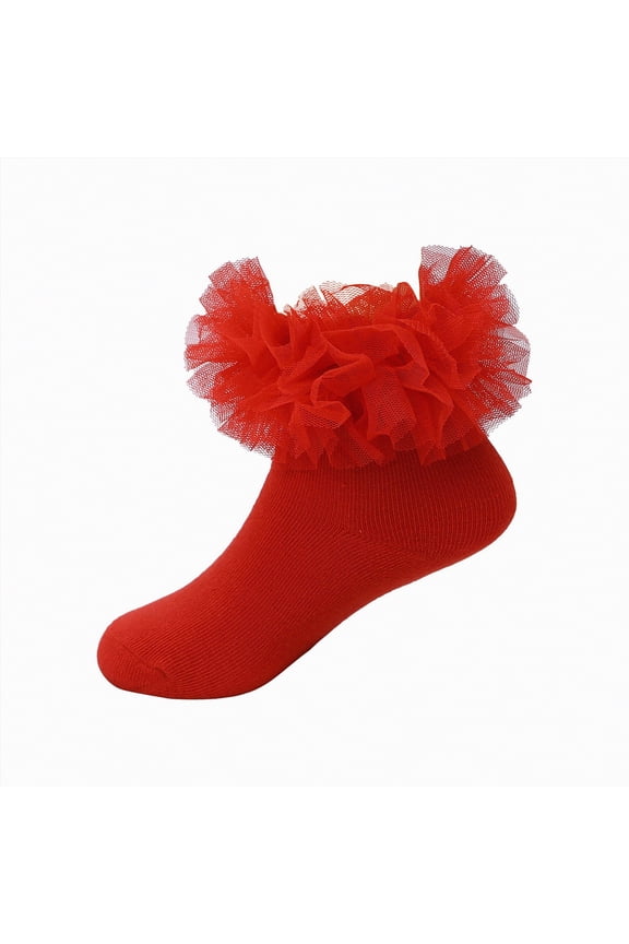 Little Girl Socks Girls Big Ruffle Socks Layer Lace Frilly Dress Socks Turn Cuff Cotton Fancy Sock for Girls Little Kids 4-6 Years,Red