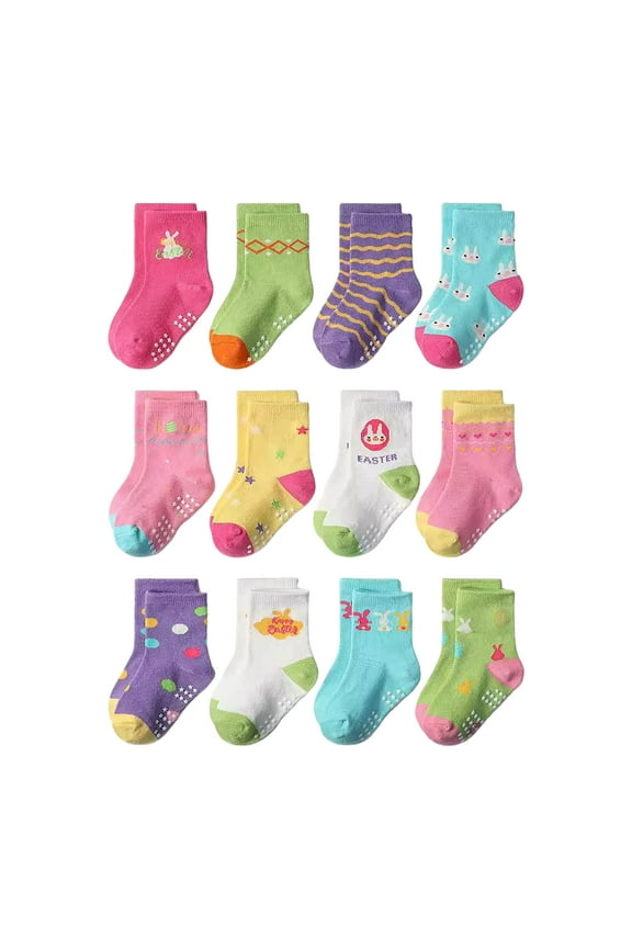 Little Girls Organic Cotton Socks 12PC Children's Socks Comfortable Soft Fashion Cute Cartoon Children's Floor Socks Purple,5-7 Years