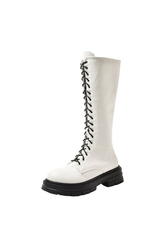 Long Boots for Women Knee High Knee High Boots Women Fashion Combat Boots Chunky Platform Lace Up Lug Sole Boots for Women White,US 7