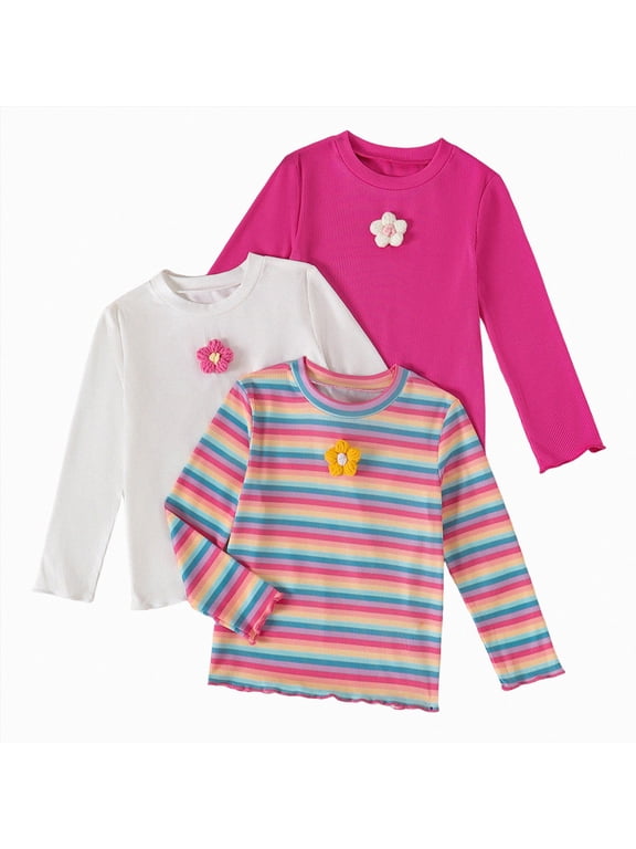 Long Sleeve Blouse 2T 3T 4T 5T 6T 7T 8T 3 Pack Toddler Girls Shirts Long Sleeve Shirt for Girls Tees Kids Tshirts Clothes Fall Tops,Hot Pink,4-5 Years