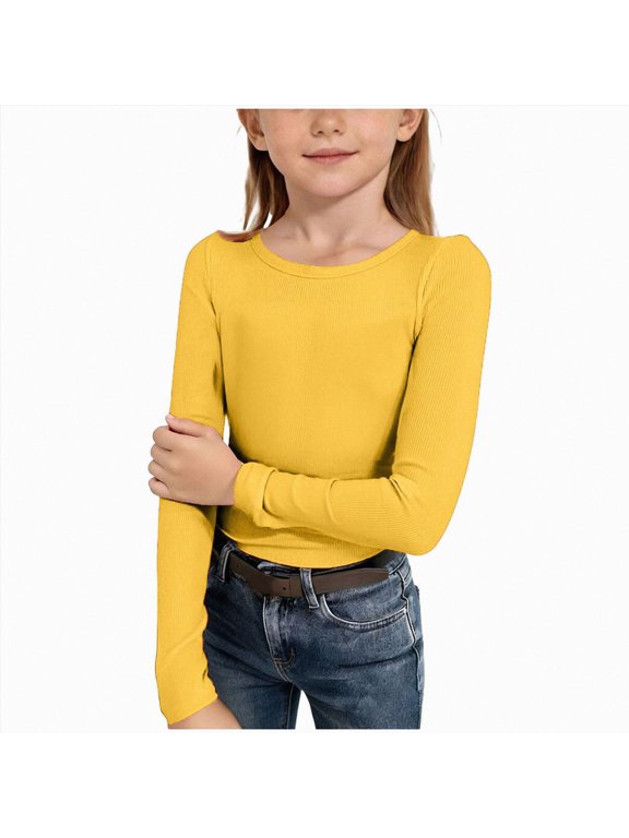Long Sleeve Shirts Girls Fashion Soft Girls' Long Sleeve Shirts Warm Crew Neck T Shirts Children Plain Comfortable,Yellow,7-8 Years
