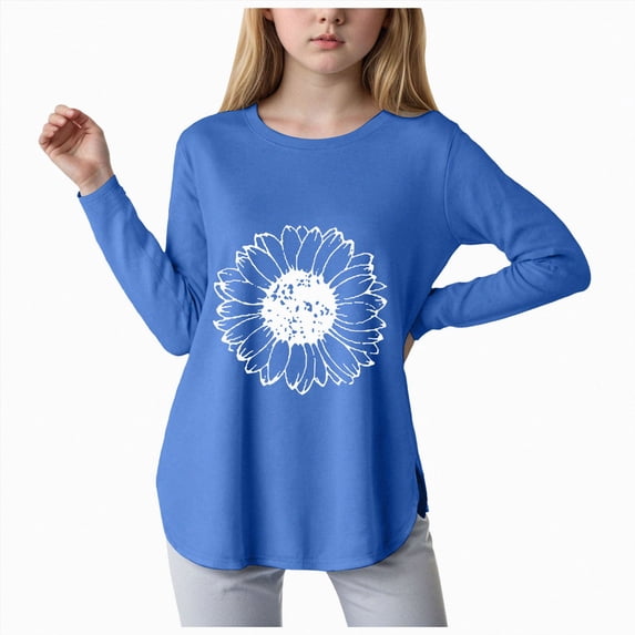 Splozh Long Sleeve Shirts Kids Curve Hem Side Slit Soft Tunic Tops Girls Fashion T Shirts 5-14 Years,Blue,9-10 Years