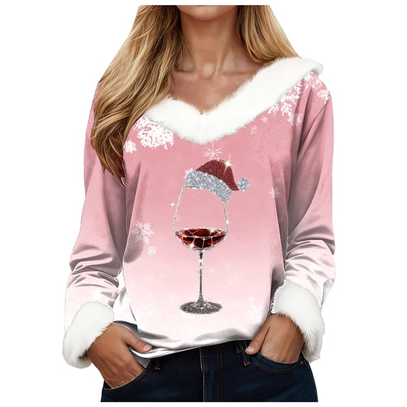 Splozh Long Sleeve Shirts for Women Fashionable Winter Christmas Printed V Neck Long Sleeved Corset T Shirt Top Pink,XL