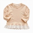 thumbnail image 1 of Splozh Long Sleeve T Shirts Fashion Soft Little Girls Ribbed Knit T Shirt with Lace Ruffle Hem Cute Bowknot Embroidered Shirt Long Sleeve Crewneck Top,Beige,12-24 Months, 1 of 8