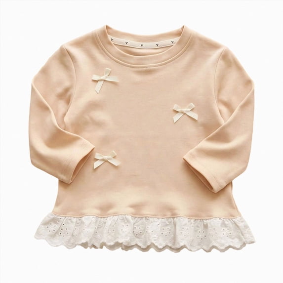 Splozh Long Sleeve T Shirts Fashion Soft Little Girls Ribbed Knit T Shirt with Lace Ruffle Hem Cute Bowknot Embroidered Shirt Long Sleeve Crewneck Top,Beige,12-24 Months