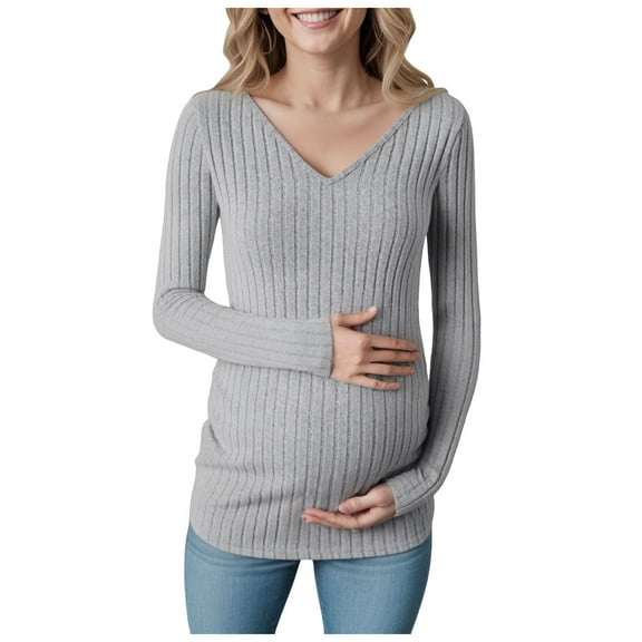 Splozh Maternity Shirt Long Sleeve Basic Top Women's Maternity Shirts Ribbed Long Sleeve Pregnancy Tops V Neck Knit Side Ruched Pregnant Clothes Sweater Grey,M