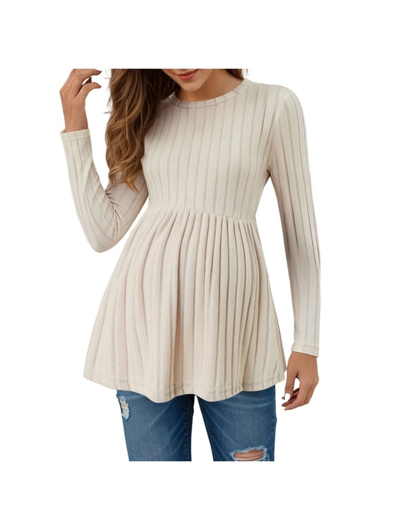 Maternity Tops for Women Maternity Sweatshirt Long Sleeve Oversized Pullover Tops Side Slit Tunic Shirts with Drawstring Waist Beige,M