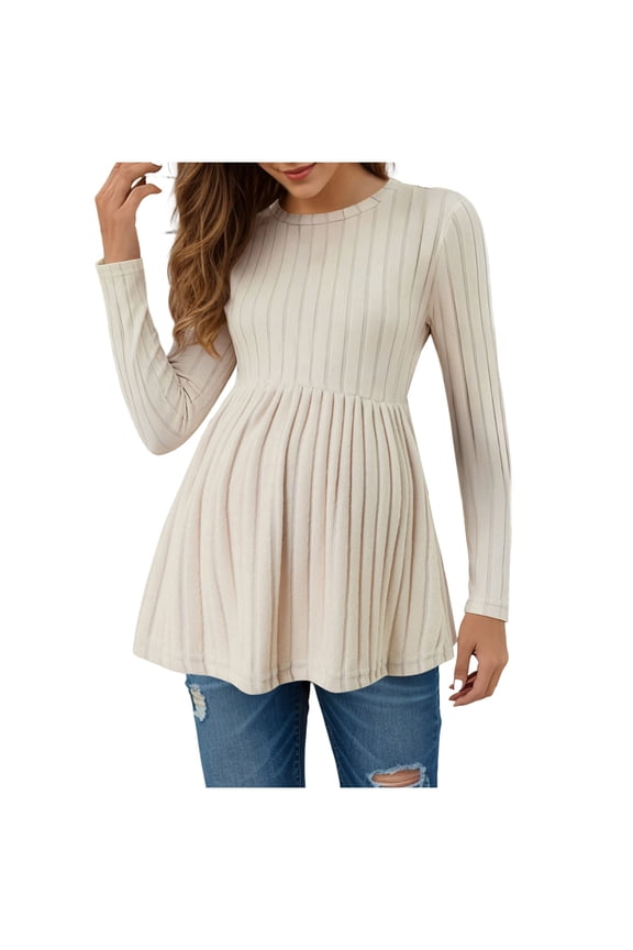 Maternity Tops for Women Maternity Sweatshirt Long Sleeve Oversized Pullover Tops Side Slit Tunic Shirts with Drawstring Waist Beige,M