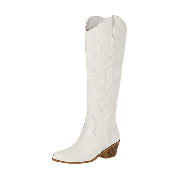 Splozh Mid Calf Cowboy Boots for Women's Cowboy Boots Mid Calf Cowgirl Boots Square Toe Chunky Heel Embroidery Western Boots White,US 7