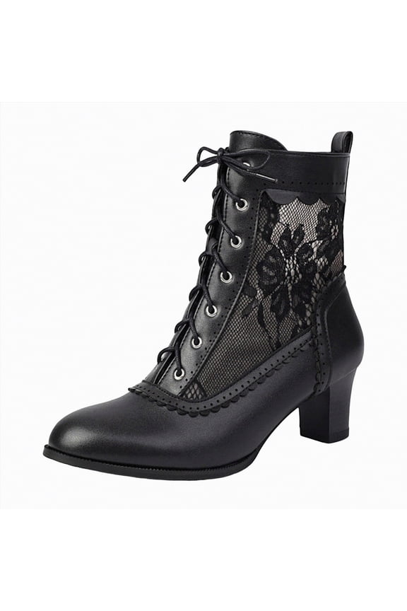 Mid Calf Cowgirl Boots for Women Boots for Women Retro Mid Calf Boots Casual Pointed Toe Lace up Shoes Black,US 6