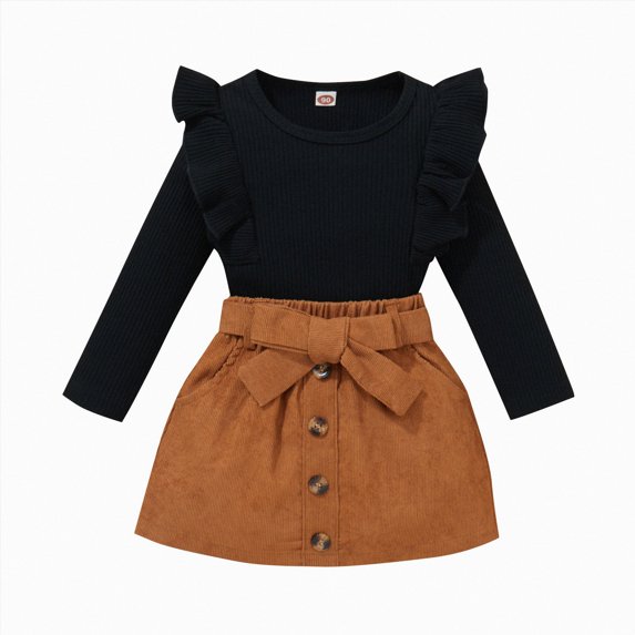 Splozh New Born Christmas Baby Girl Outfit Girls Fashion Toddler Kids Baby Girls Ruffled Crewneck Long Sleeve Ribbed Sweatshirt Tops Solid Skirt Set 2PCS Fall Clothes Set,Black,2-3 Years