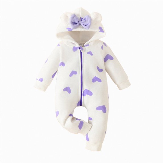 Splozh New Born Clothes Baby Boy 3 6 9 12 18 Months Infant Boys Girls Long Sleeve Heart Prints Hooded Romper Newborn Fleece Warm Jumpsuit,Purple,12-18 Months