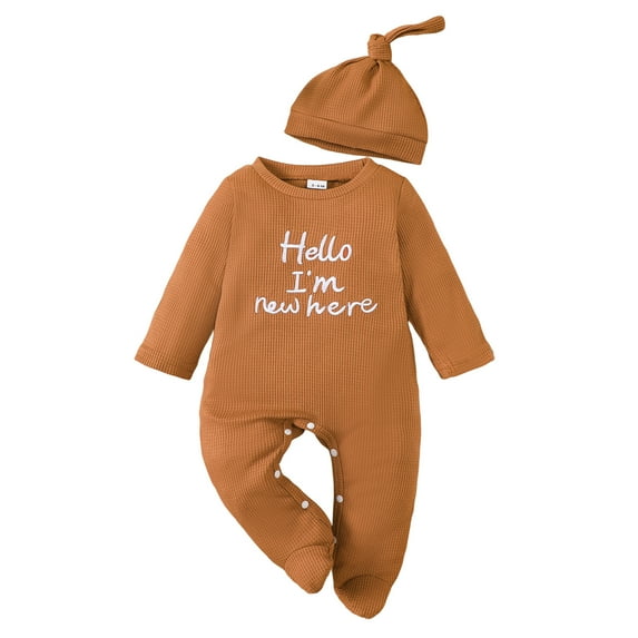 Splozh New Born Clothes Baby Boy Fall Spring Outfit Romper Long Sleeve Jumpsuit Bodysuit Going Home Outfit with Hat Brown,3-6 Months