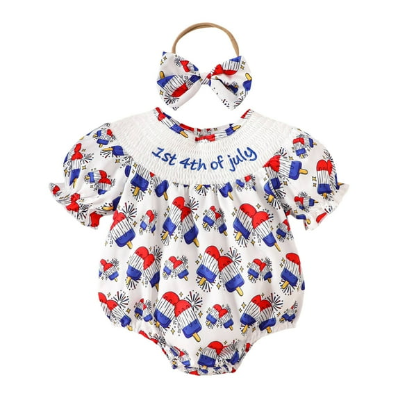 Splozh New Born Clothes Baby Girl Baby Girls Boys Independence Day Suit Short Sleeve Romper Headband 2 Piece Suit Blue,3-6 Months