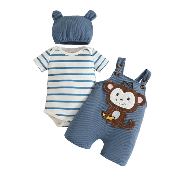 Splozh Newborn Baby Boy Clothes Baby Boy Clothes Short Sleeve Cute Romper + Cartoon Shorts + Hat Overalls Suspender for Boys 3Pcs 6-12 Months,Brown