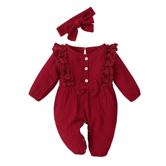 Splozh Newborn Baby Girl Clothes Baby Girl Cotton Linen Romper Lace Bow Jumpsuit Clothes Baptism Outfit Sleep and Play Red,12-18 Months