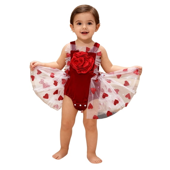 Splozh Newborn Bodysuit Girl Sleep Baby Girls' Valentine's Day Flower Embroidered Heart Sleeveless Romper Dress Red,1-3 Months