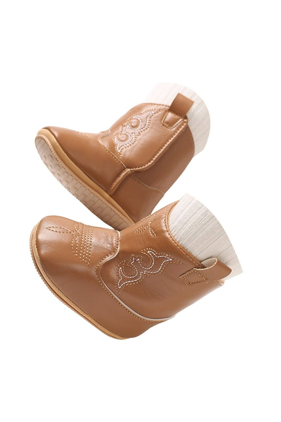 Newborn Booties Baby Cowboy Cowgirl Boots Infant Western Boots Toddler Boys Girls Round Toe Riding Mid Calf Boots All Seasons Brown,US 5.5