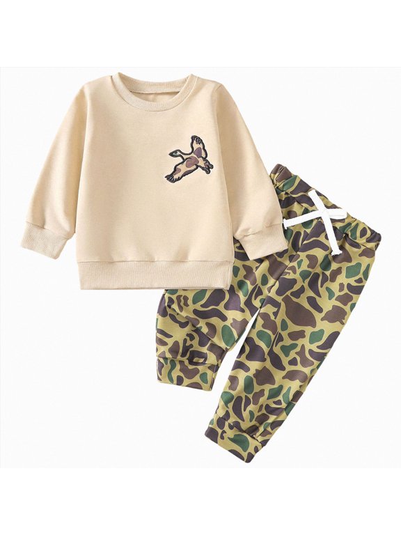 Newborn Boy Outfits Toddler Boy Fall Winter Clothes Baby Camo Outfits Retro Embroidery Sweatshirts and Pants Set,Beige,6-12 Months