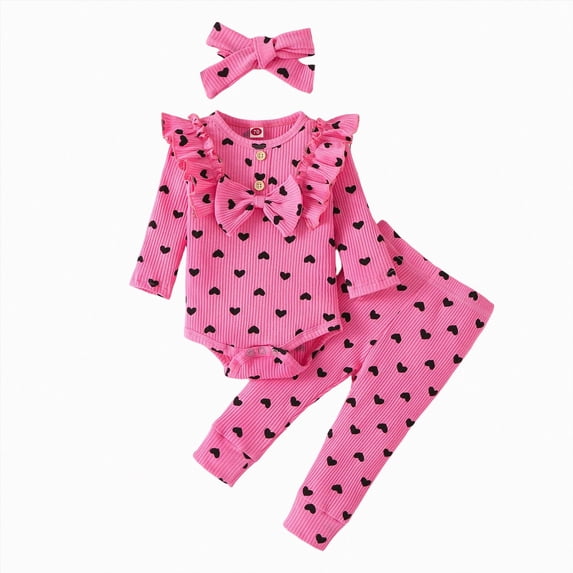 Splozh Newborn Clothes for Girls, Baby Girls Heart Print Ribbed Bow Romper Pants Headband Set 3 Piece Set,Hot Pink,6-9 Months