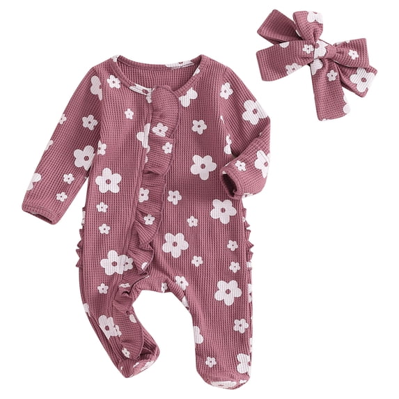 Splozh Newborn Going Home Outfit Boy Baby Girls Floral Print Romper Sleep and Play Romper with Headband Going Home Outfit Purple,3-6 Months