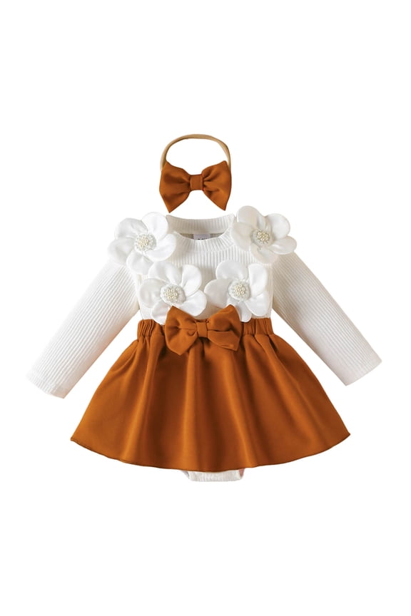 Newborn Infant Baby Girl Clothes Fall Winter Baby Girl Romper Dress Baby Dress Romper Flowers Lace Fall Winter Clothes with Headband Coffee,12-18 Months