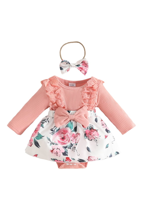 Newborn Infant Baby Girl Clothes Fall Winter Baby Girls Long Sleeve Lace Triangle Romper Dress Casual Dress Pink,0-3 Months
