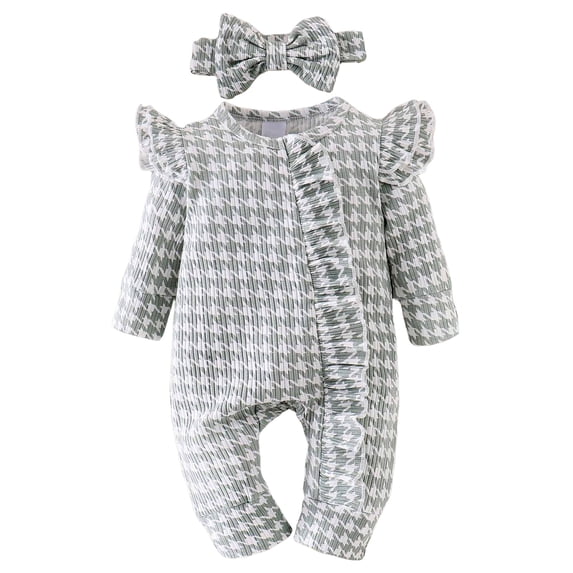 Splozh Newborn Outfits Baby Girl Baby Girl Long Sleeve Romper with Ruffled Hem Fall Spring Set with Bow Headband Light Gray,0-3 Months