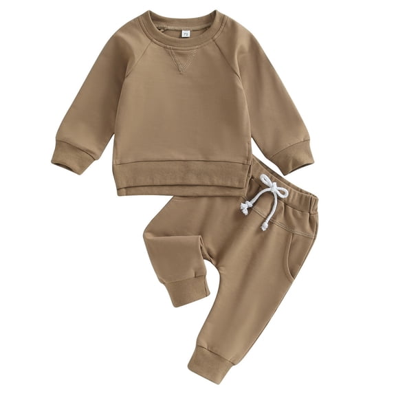 Splozh Outfits for Boys Toddler Baby Boy Girl Clothes Solid Color Long Sleeve Pullover Sweatshirt Jogger Pants Set 2Pcs Spring Outfit Brown,2-3 Years