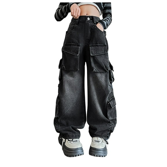 Splozh Pants for Toddler Girls Baggy Jeans Y2k Streetwear Denim Cargo Pants Distressed High Waist Wide Leg Clothes Multi Pocket ,8-9Y