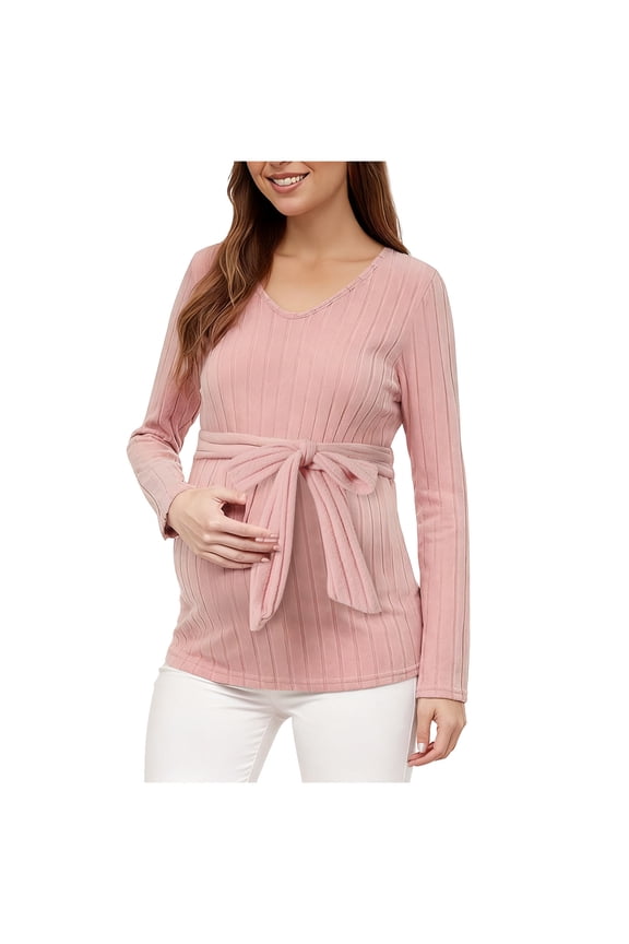 Plus Size Maternity Clothes Women's Maternity Shirts Long Sleeve Tie Front Maternity Tops Pregnant Clothes Sweater Pink,L