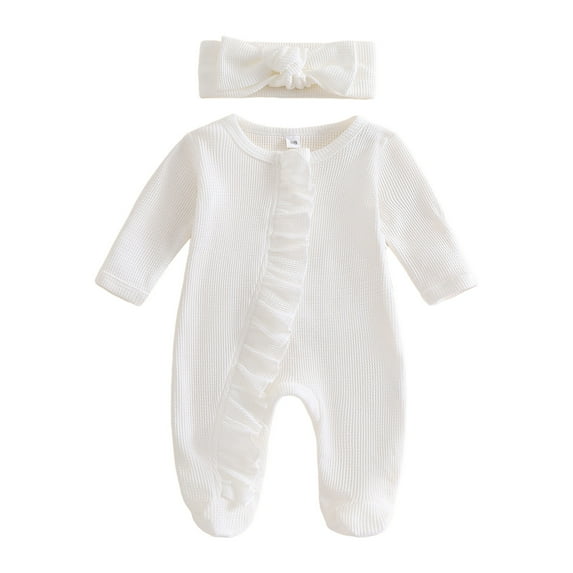 Splozh Preemie Boy Clothes Baby Girls Footies Romper Spring Long Sleeve Sleep and Play Romper with Headband White,6-12 Months