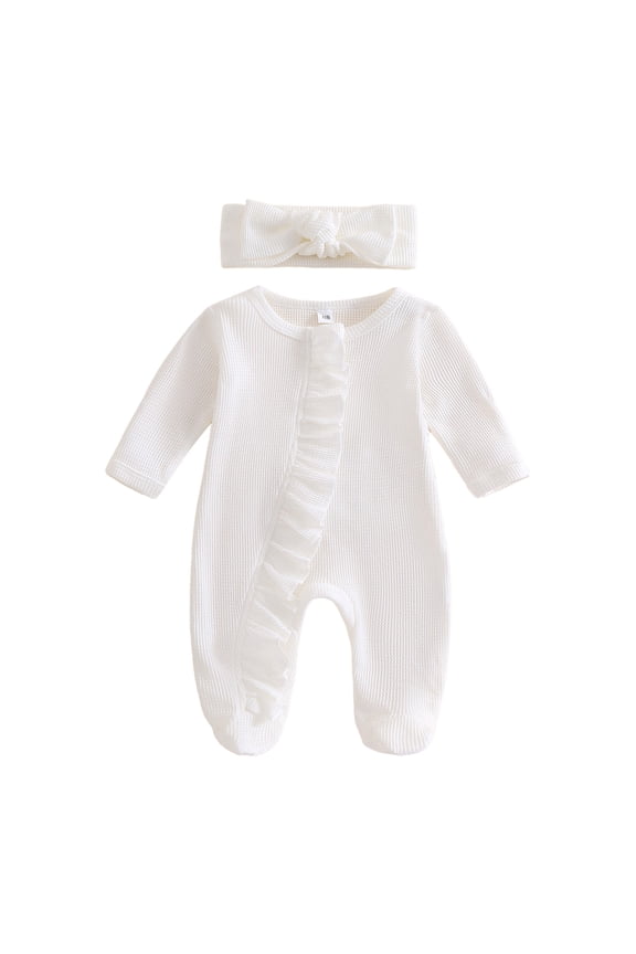 Preemie Boy Clothes Baby Girls Footies Romper Spring Long Sleeve Sleep and Play Romper with Headband White,6-12 Months