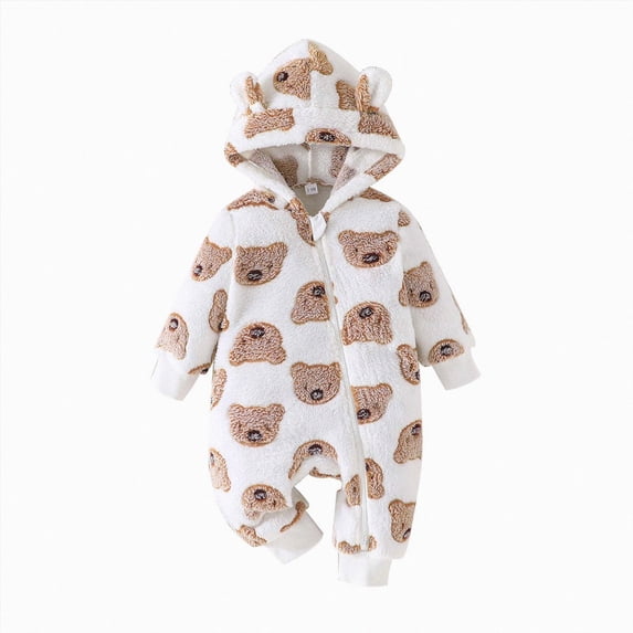 Splozh Preemie Clothes Boys Baby Hooded Jumpsuit 3 6 12 18 24 Months Cute Cartoon Printed Comfortable Warm Long Sleeved Bodysuit,Brown,0-3 Months