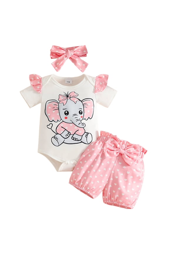 Preemie Clothes Girl Baby Girl Clothes Spring Summer Outfit, Ruffle Romper Top + Heart Short + Headband 3 Piece Set 0-3 Months,Pink