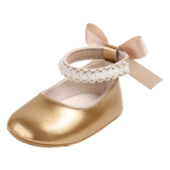 Splozh Princess Shoes Pearl Flat Baby Shoes for Girls with Soft Sole Dress Shoes for Toddler Girls Gold,US 5.5