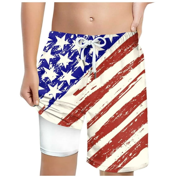 Splozh Pull On Shorts Boys Beach Shorts 4th of July Double Layer Swim Shorts Casual Sports Mesh Shorts Red,10-13 Years
