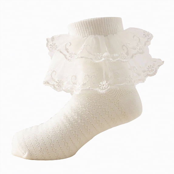 Splozh Ruffle Socks for Toddler Girls Ruffle Socks Toddler, Layer Big Fluffy Lace Frilly Ankle Socks, Soft Cotton Turn Cuff Dress Sock for Girls 6-8 Years,White