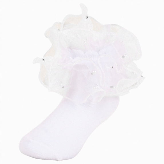 Splozh Ruffle Socks for Toddler Girls Toddler Girls Double Lace Ruffle Rainbow Socks Turn Cuff Big Ruffle Dress Lace Socks,White,8-10 Years