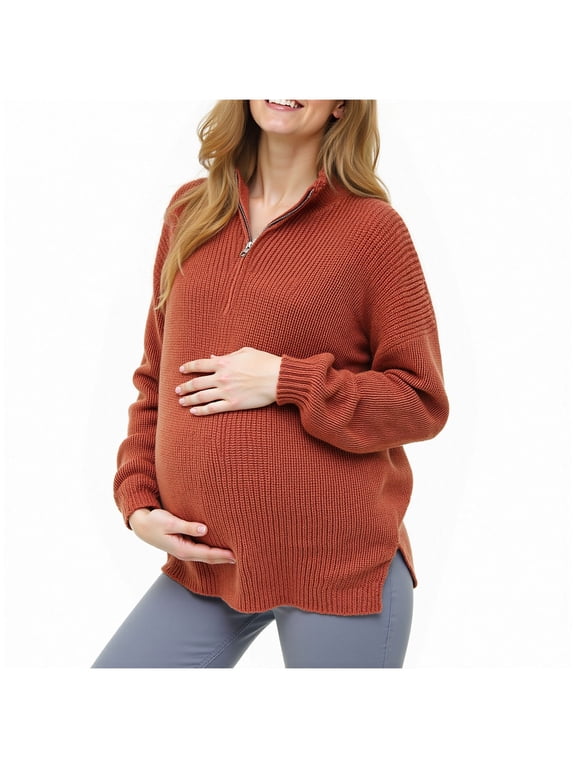 Seamless Maternity Shirts Long Sleeve Womens Maternity Sweater Shirts Winter Split Neck Blouse Knit Pullover Warm Long Sleeve Pregnancy Tops Brick Red,S