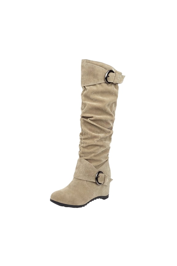 Slouchy Boots Women's Knee High Riding Boots Slip On Motorcycle Boots Square Toe Chunky Heel Fashion Buckles Biker Boots Beige,US 8