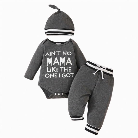Splozh Spring Fall Boy's Letter Printed Long Sleeve Romper Pants 3 Piece Suit for Boys,Grey,9-12 Months