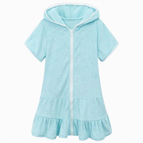 Splozh Summer Clothes 2-11 Years Girls Comfortable Dress Hooded Short Sleeve Beach Dress Girls Swimsuit Cover Up,Sky Blue,3-4 Years