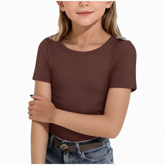 Splozh Summer Clothes Girls 5-14 Years Fashion Casual Basic Solid Short Sleeve Tops for Girls Outfits Girls Spring Outfits,Coffee,7-8 Years