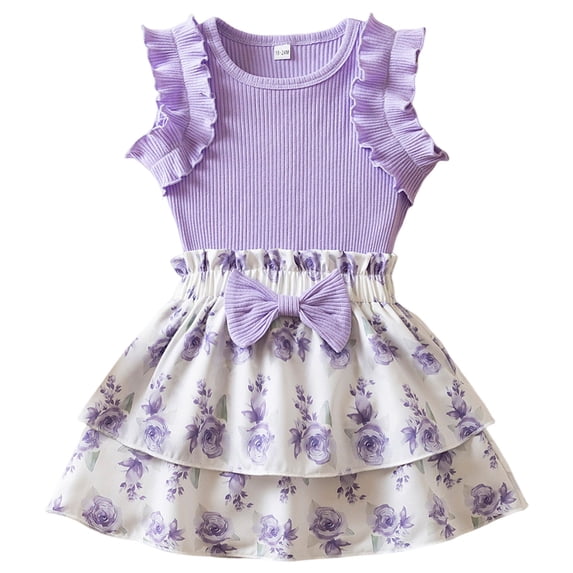 Splozh Summer Sets Toddler Girl Outfit Sleeveless Knit Tank Shirts + Pleated Skirt 2Pcs Baby Girl Birthday Pink Dress Clothes Purple,12-18 Months