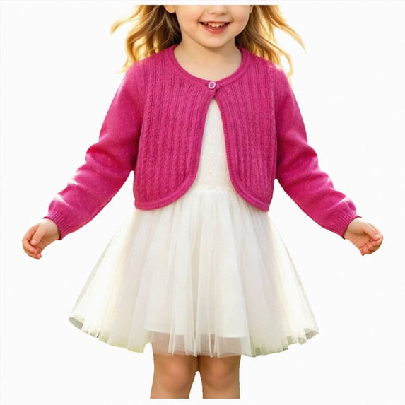 Splozh Sweaters for Girls 0-9 Years Girls Bolero Cardigan Shrug for Dresses Long Sleeve Button Knit Cropped Sweater,Hot Pink,2-3 Years